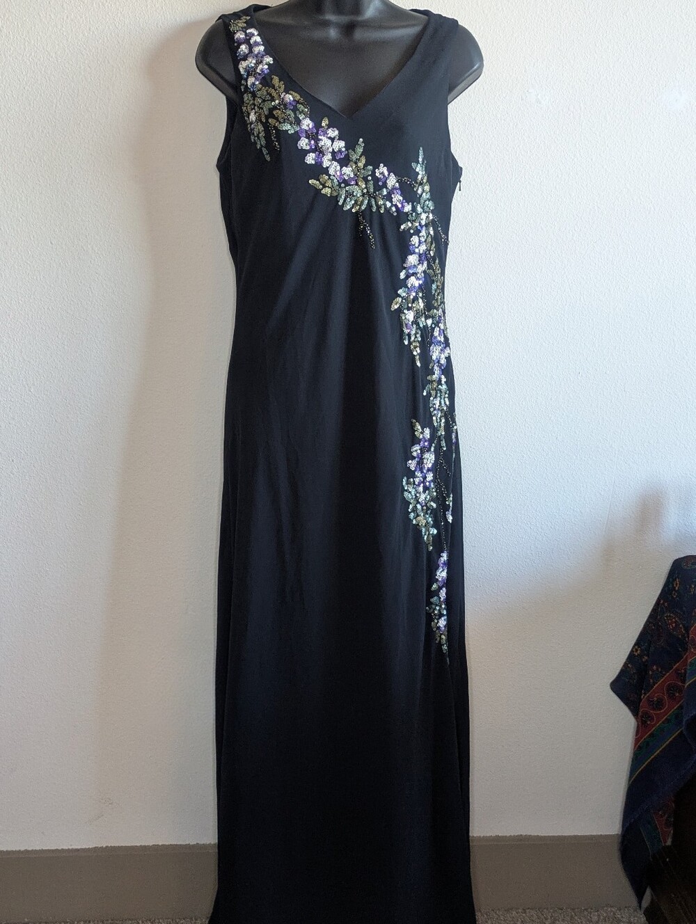 Alex Evenings Vintage 90s Black Maxi Dress with Floral Sequin Beading